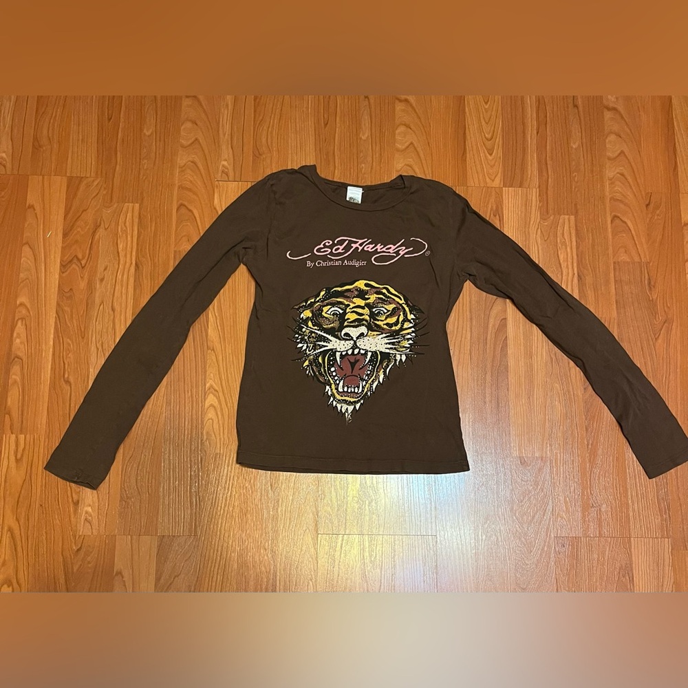 Vintage Kids Ed Hardy Christian Audigier Long Brown Sleeve Tiger Graphic T-Shirt